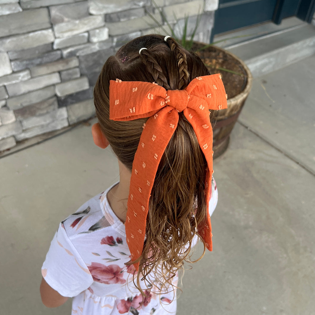 Orange Crepe Swiss Dot Long Tailed Bow