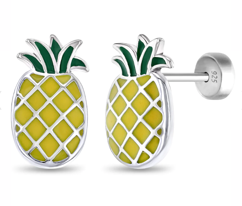 Pineapple Screw Back Earrings, 925 Sterling Silver