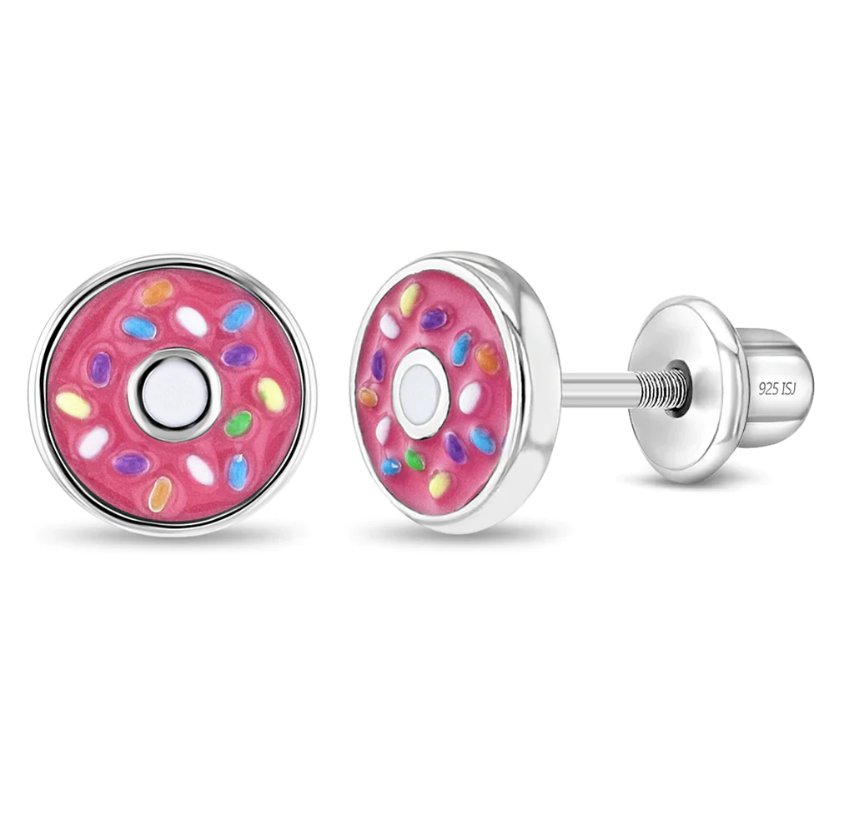 Pink Donut Earrings, 925 Sterling Silver (Screw back)